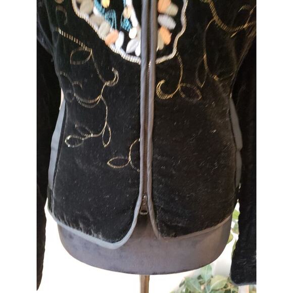 Harve Benard Womens Black Velvet Floral Embroidered Sequin Zip Blazer Jacket 10P - Picture 3 of 14